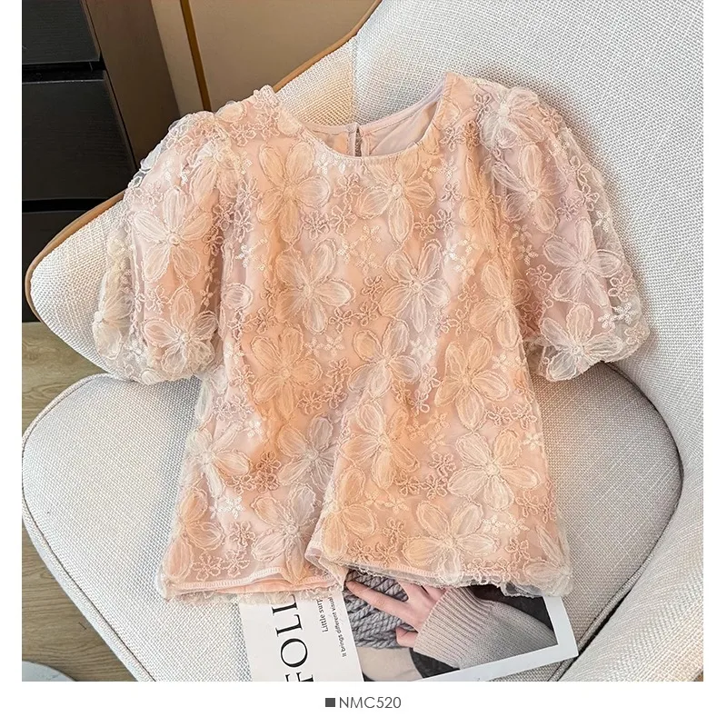 French Style Sweet Loose Elegant Top Heavy Work Sequin Florals Puff Sleeve Blouses 2024 Summer New Chic Fresh Fairy Blusas