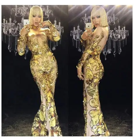 

Sexy One-piece Bodysuit Nightclub Party Jumpsuit Skinny Gold Rhinestones Rompers woman Singer Dancer Big Pants Costume