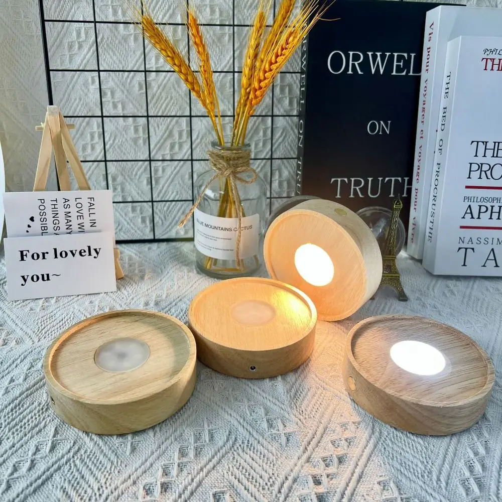 

Round Wooden LED Light Base Multicolor 10cm LED Light Art Display Base INS Energy-saving USB Display Night Lamp Holder Cafes