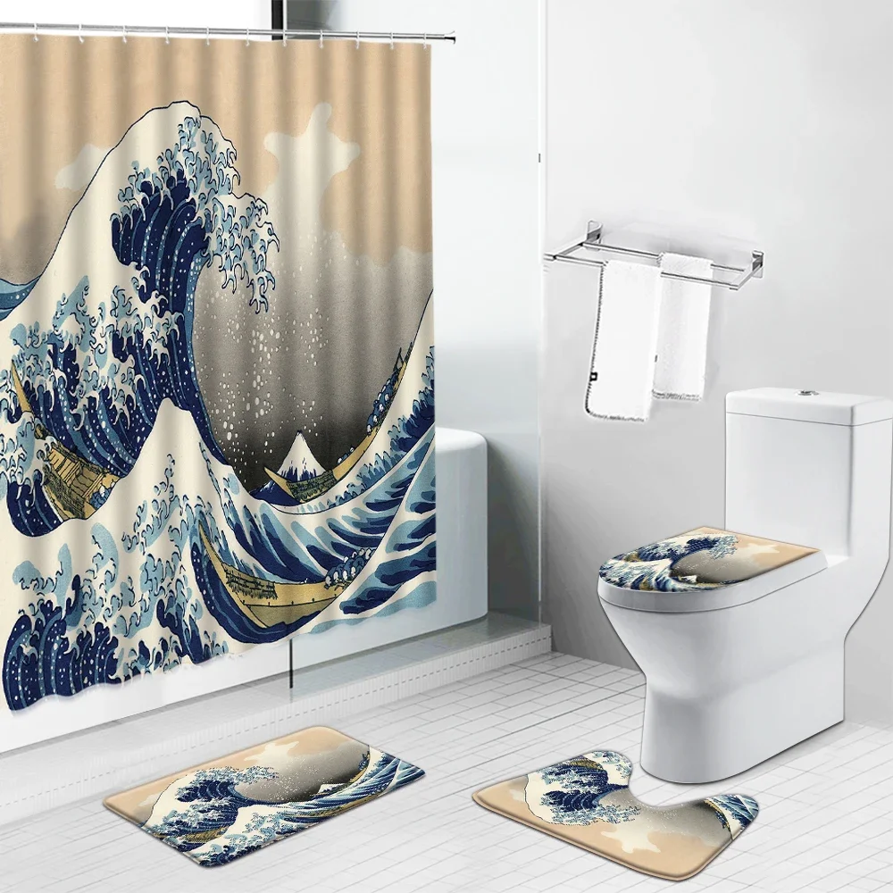 Mount Fuji Sea Wave Landscape Shower Curtains Cartoons Scenery Bathroom Decor Set Flannel Non-Slip Bath Mat Toilet Cover Carpet