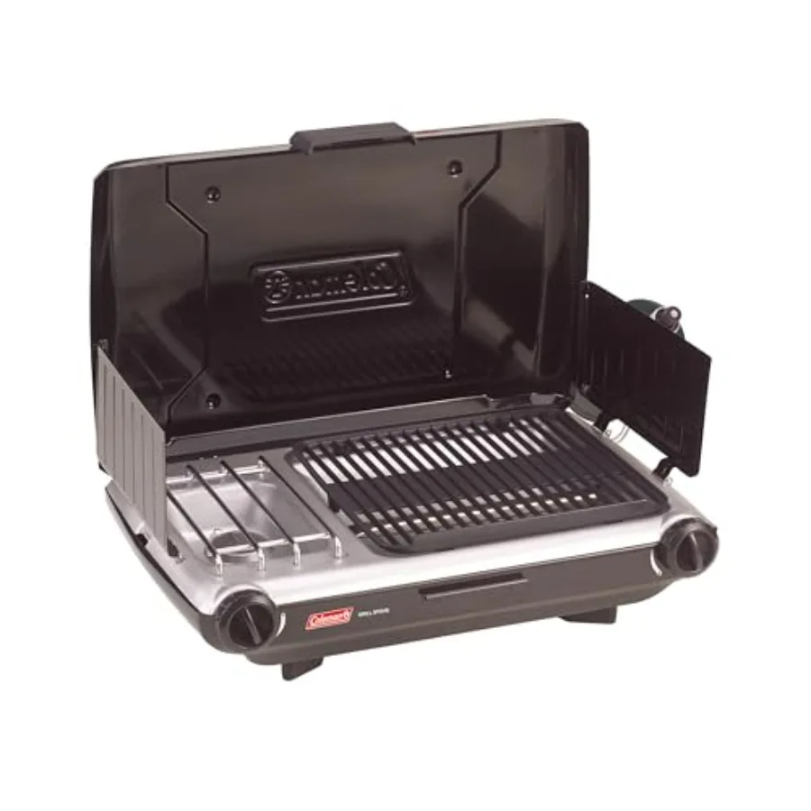 

Tabletop 2-in-1 Camping Grill/Stove: stainless steel, black, adjustable burners 20, 000 BTUs for camping, tailgating, grilling