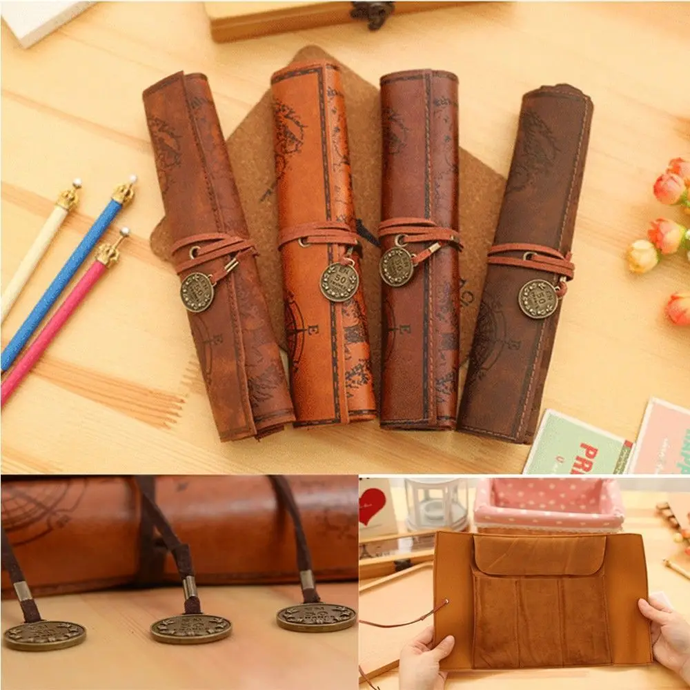 ファッションヴィンテージロール高級宝物マップケースバッグ財布ポーチレザー化粧品メイクアップPUバッグペンシルケース（学校用）