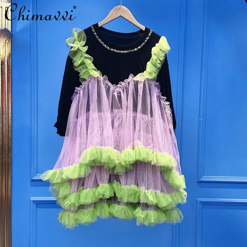 

Thai Fashion Summer Sweet T-shirt Women's Fashion Stitching Tulle Hem Fake Two-Piece Pettiskirt Rhinestone Largers Tshirts Dress