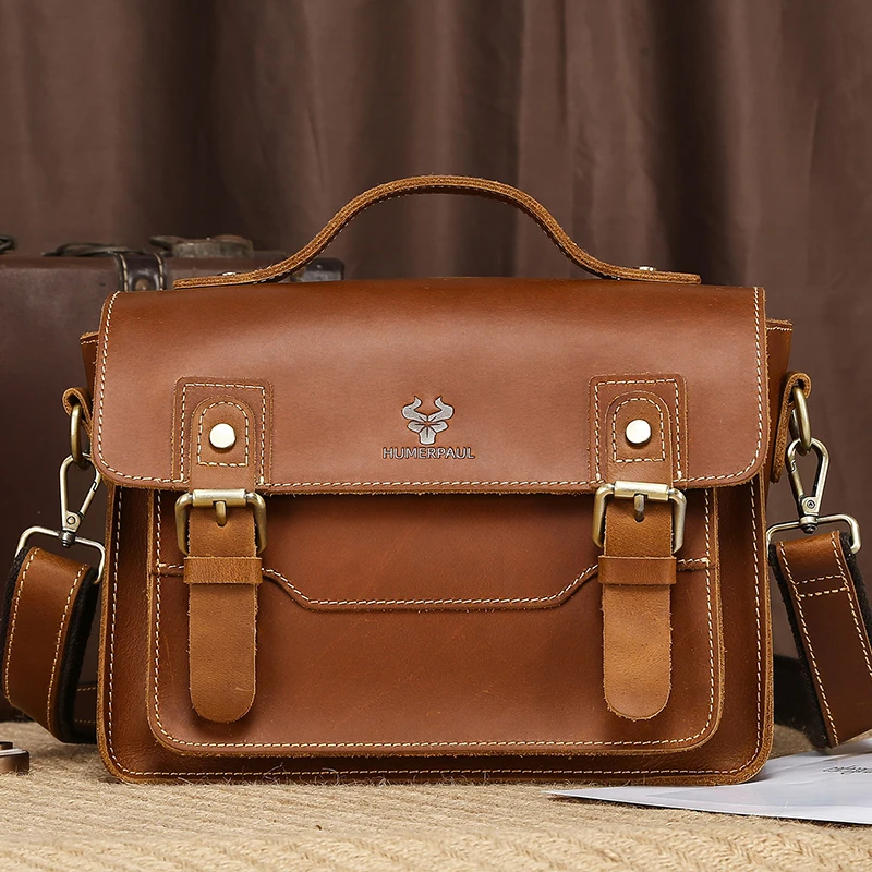 Men'S Shoulder Bag Top Layer Genuine Leather Cowhide Vintage Briefcase Tote Handbag Messenger Crossbody Side Portable Square Bag - view 4