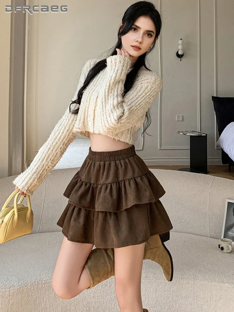 

Осень-зима, винтажная двухслойная короткая юбка с оборками, повседневное бальное платье в консервативном стиле, милые замшевые юбки-торты для женщин