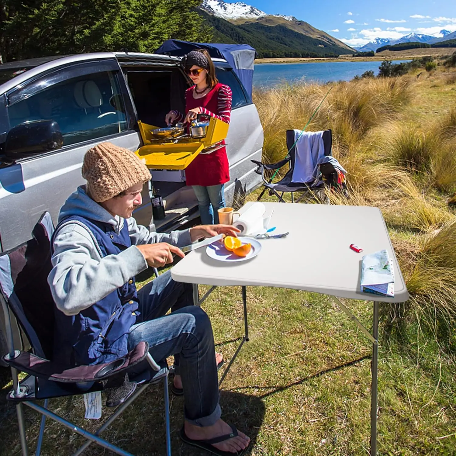 

Folding Utility Table, 4ft Fold-in-Half Portable Plastic Picnic Party Dining