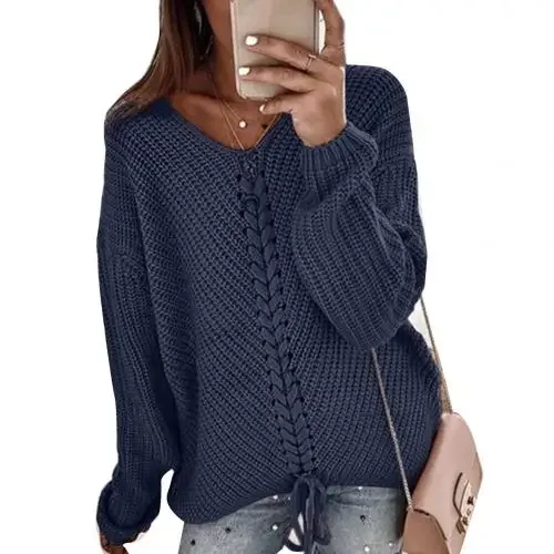 Herfst En Winter V-Hals Soild Sweater Dames Nieuwe Casual Losse Lange Mouwen Stiksels Mode Dames Kant Gebreide Trui