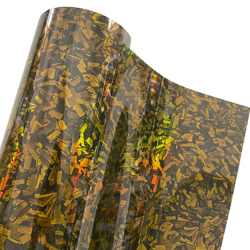 Premium PET Gloss Holographic Rainbow Gold Forged Carbon Fiber Vinyl Wrap Film Selbstklebende Autoaufkleberverpackung