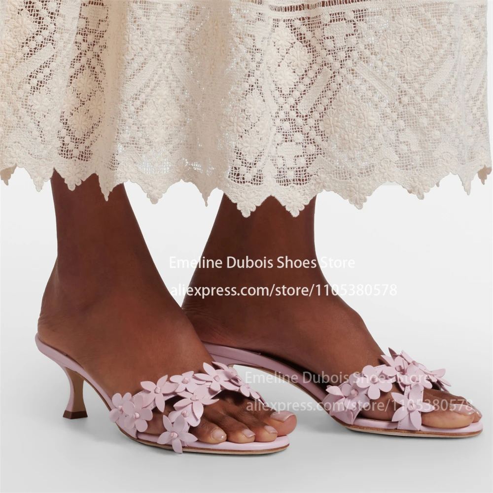 Flower Applique Leather Kitten Heel Sandals Open Toe Slip on Elegant Mid Heel Sandals Summer Beach Wedding Ladies Dress Shoes