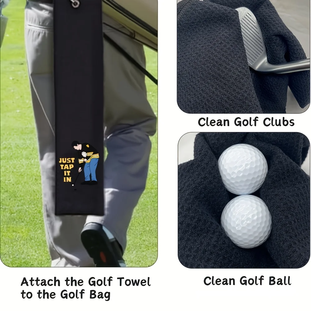 منشفة جولف للرجال Just Tap It" مع مشبك تصميم مطرز من البوليستر الناعم المتين للتأرجح المنفرد مثالي لحقائب الجولف ومنشفة الجولف