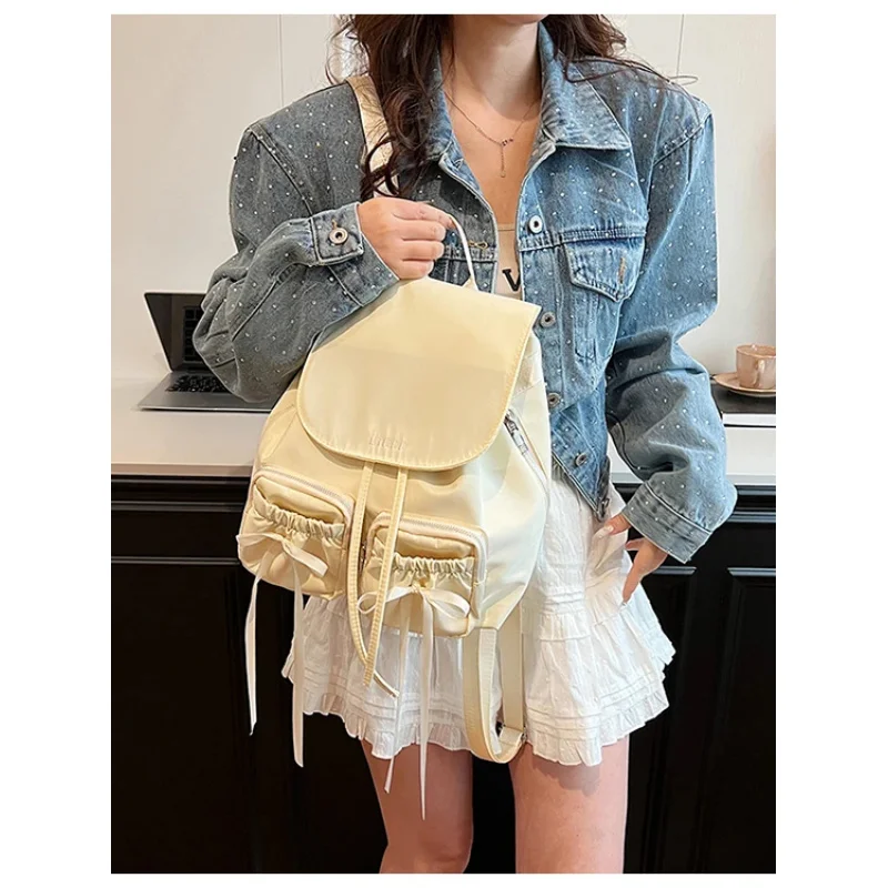 Korean College Style Casual Backpack Large Capacity Ballet Girl  Knot Double Shoulder Bag Student Bag Youth Daily Use