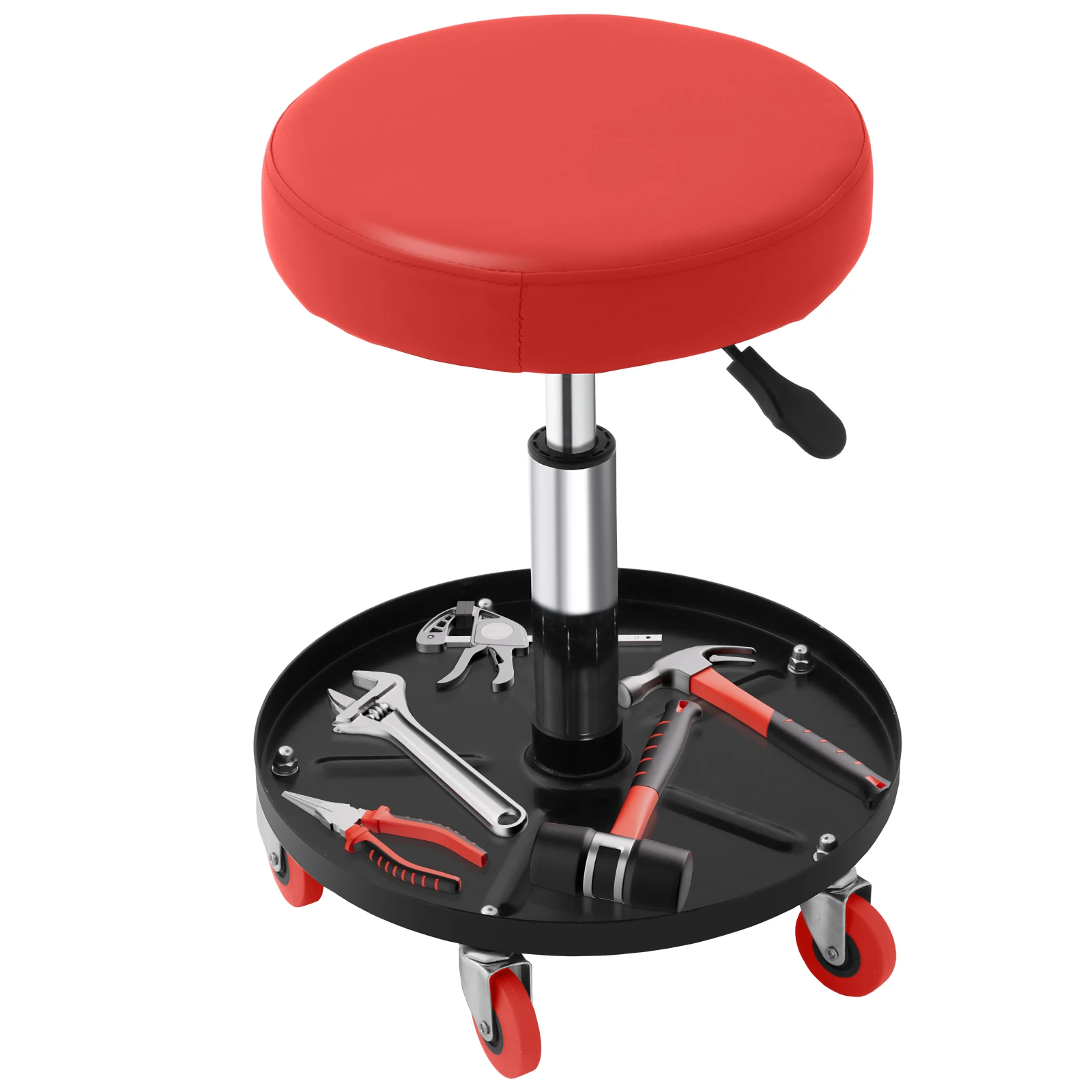 Tabouret d’atelier mécanique réglable en hauteur 40-55cm, pivotant 360°, plateau rangement outils, roulettes mobiles, siège simili-cuir étanche, charge 113kg pour garage réparation automobile