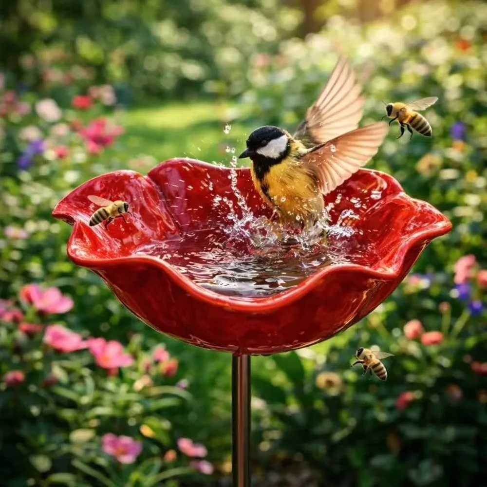 Handcrafted Metal Flower Garden Stake Ground Insert Rust-resistant Bee Watering Station UV Resistant Iron Floral Sculpture