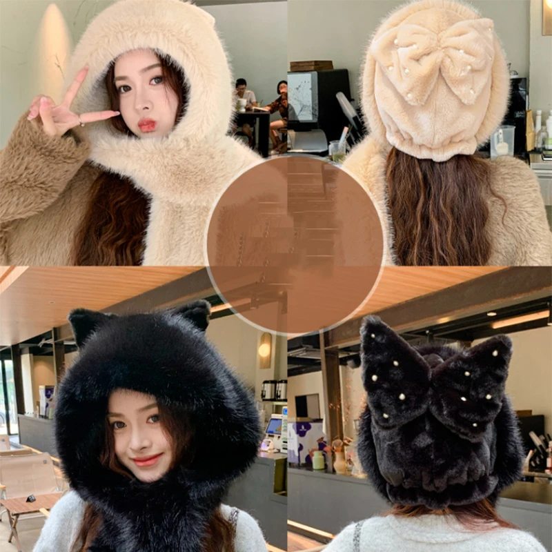 Women Fuffy Fur Hairband Hat Lovely Bowknot Bucket Hat Faux Fur Russian Bomber Hat Thick Winter Warm Beanies Headscarf Cap image 6