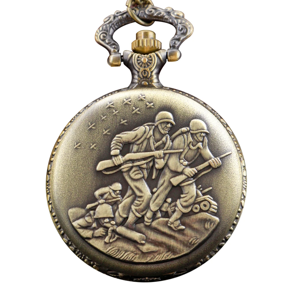 

War Memorial Soldier Emblem Pattern Quartz Pocket Watch Retro Fashion Necklace Pendant Clock Men's and Women's Gifts