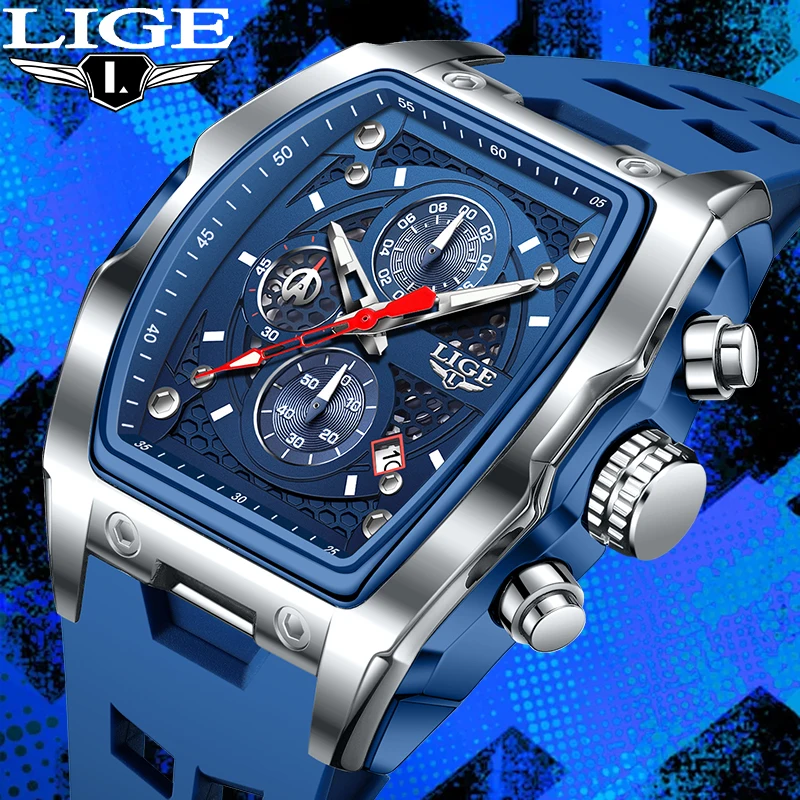 LIGE Fashion Casual Sports Man Watch Outdoor Square Hollow Simple Dial Silicone Strap Waterproof Luminous Quartz Watches for Men