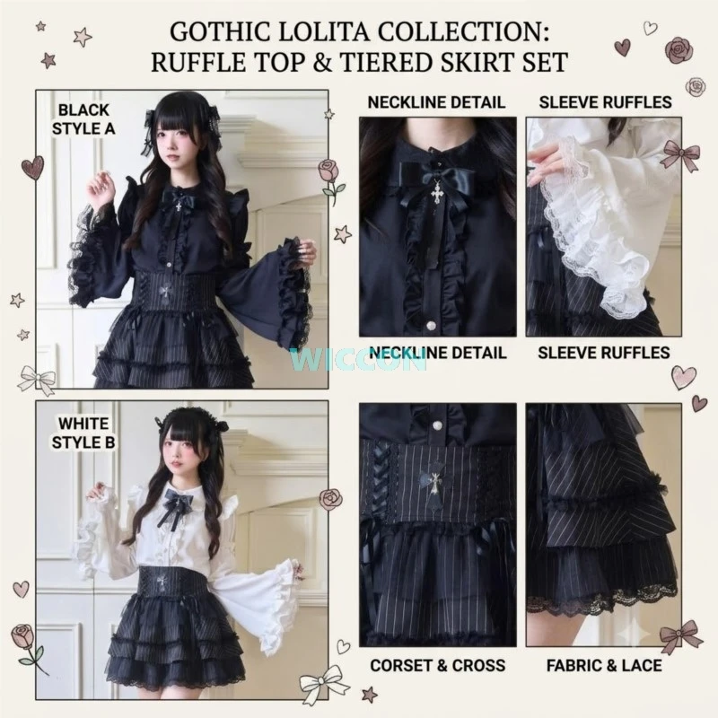 Conjunto Gótico Lolita Kawaii con Blusa de Encaje y Lazos, Falda Japonesa de Cintura Alta Negra para Halloween