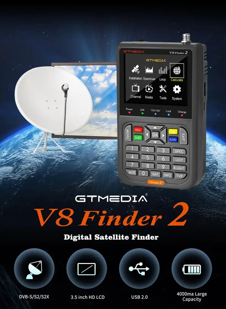 

V8 Finder2 метр спутниковый прибор для поиска сигналов Dvb-s2x/s2/s Wifi 2,4g Digital 1080p Hd Star Finder