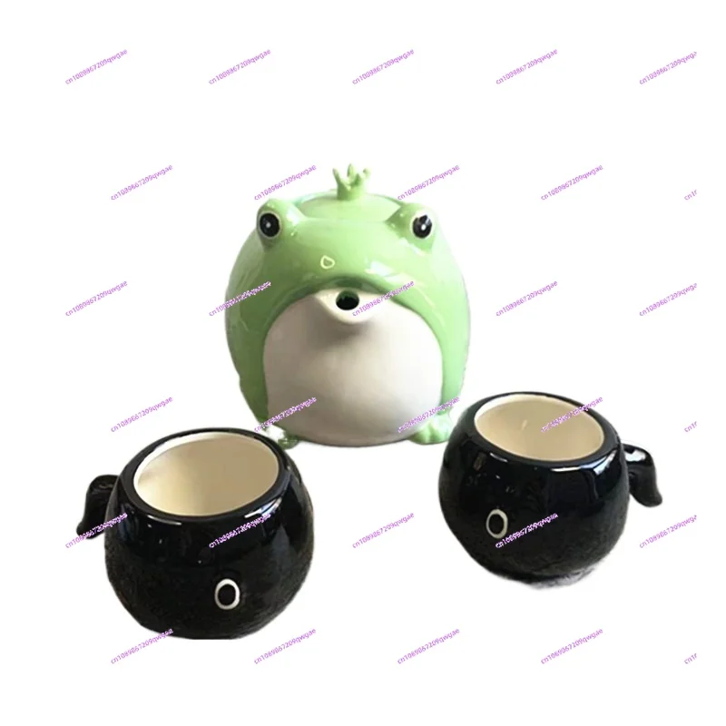 

Japanese Style Teawear Set Green Frog Black Tadpole Shaped Creative Porcelain Cute Ceramic Teapot and 2 Tea Cups Sets for Kids