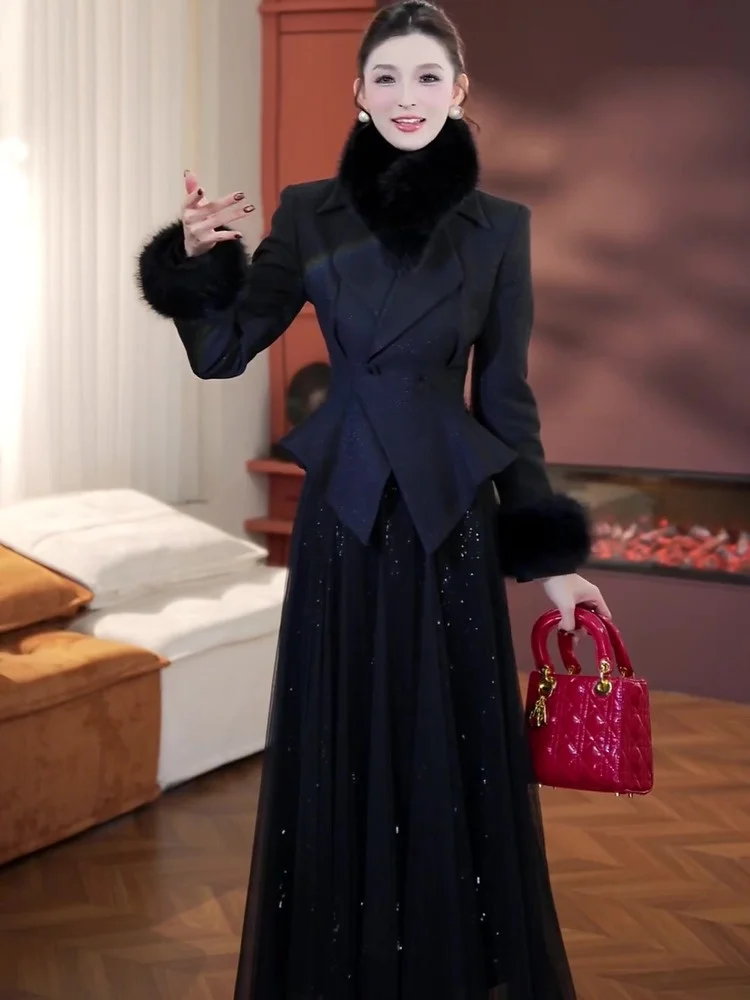 

Корейский зимний теплый хлопковый комплект из двух предметов: топ с завязками на талии и сетчатая юбка в стиле французской моды для женщин