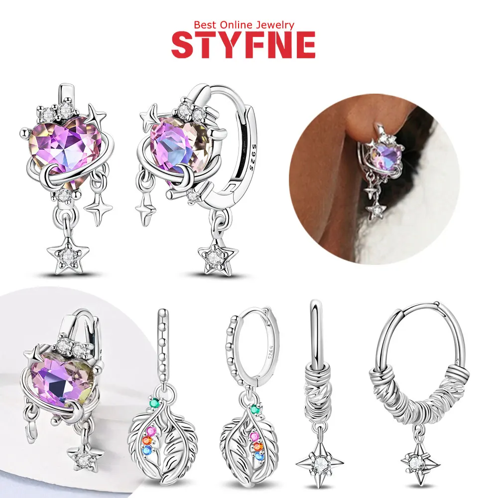 

Original S925 Silver Purple Heart Zircon Star Dangle Huggie Hoop Earrings for Women Valentine Couple Jewelry Gift