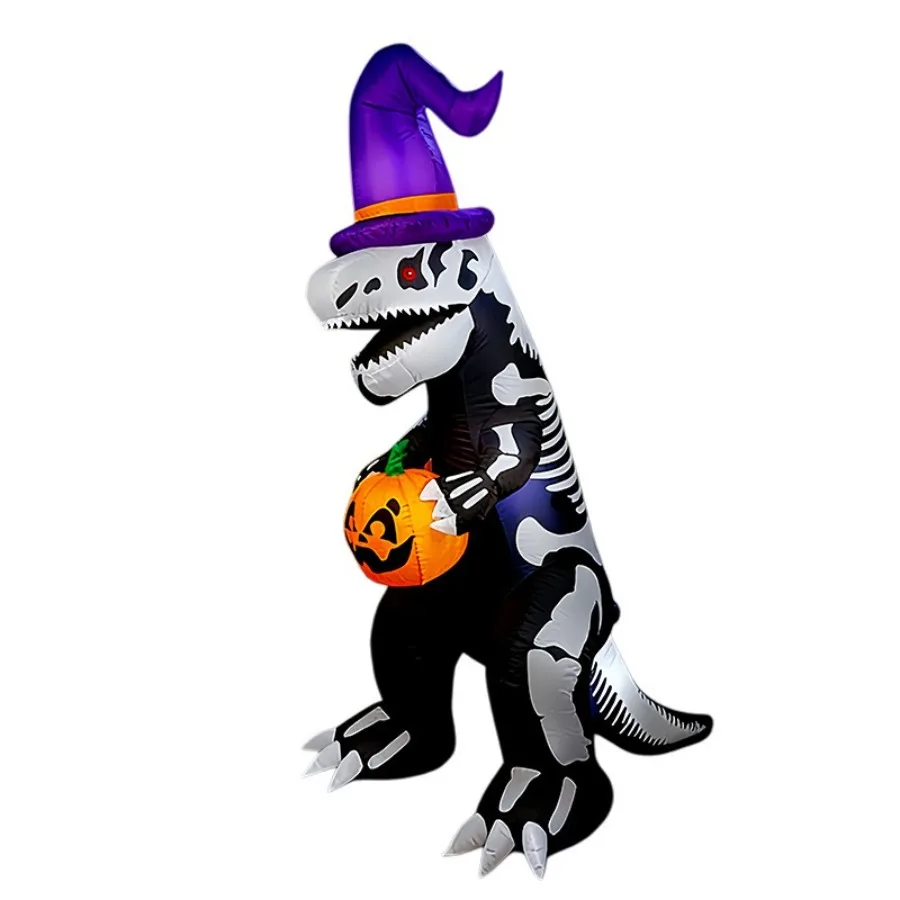 8Ft Halloween Decoration Props Inflatable Skeleton Dinosaur Holding Pumpkin LED Light Air Model Outdoor Courtyard Decor Ornament