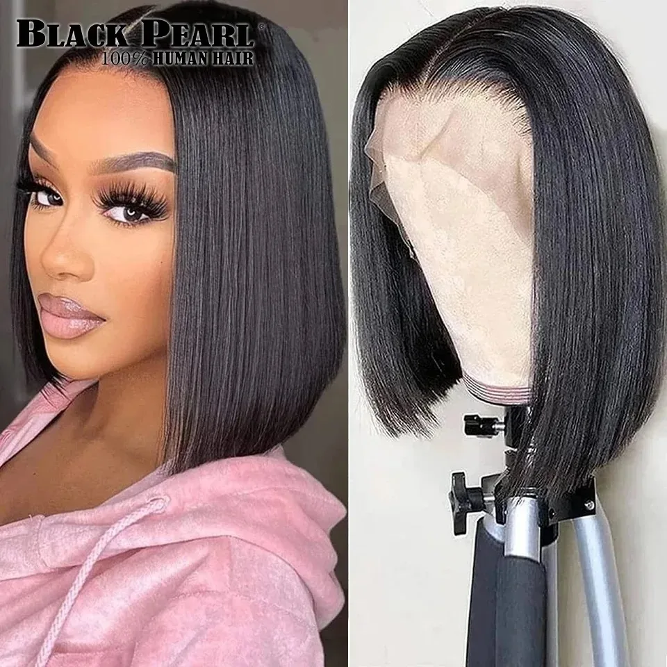 Wig Bob pendek Brasil mutiara hitam 100% rambut manusia wig depan renda transparan HD UNTUK WANITA HITAM sebelum dipetik dengan rambut bayi