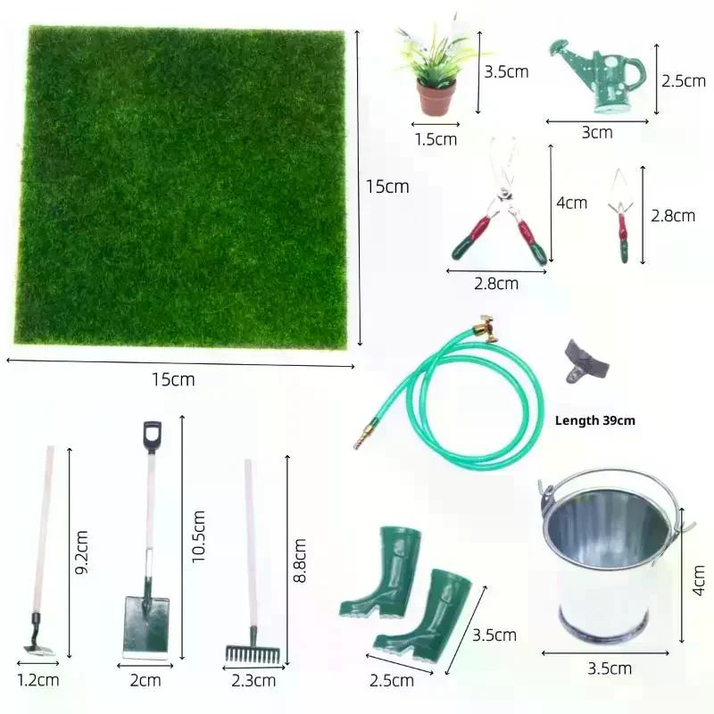 1 ensemble de miniatures de maison de poupée : pelle, houe, bêche et outil de réparation de tuyaux d'eau, accessoires de jardin féerique, outils agricoles