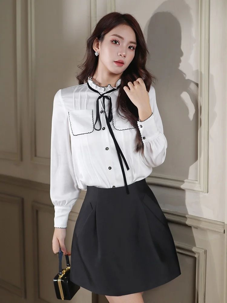 

Женская блузка Ele White с воротником-стойкой, на завязках, красивая, модная, в корейском стиле, для повседневной носки, удлиненная, прямого кроя