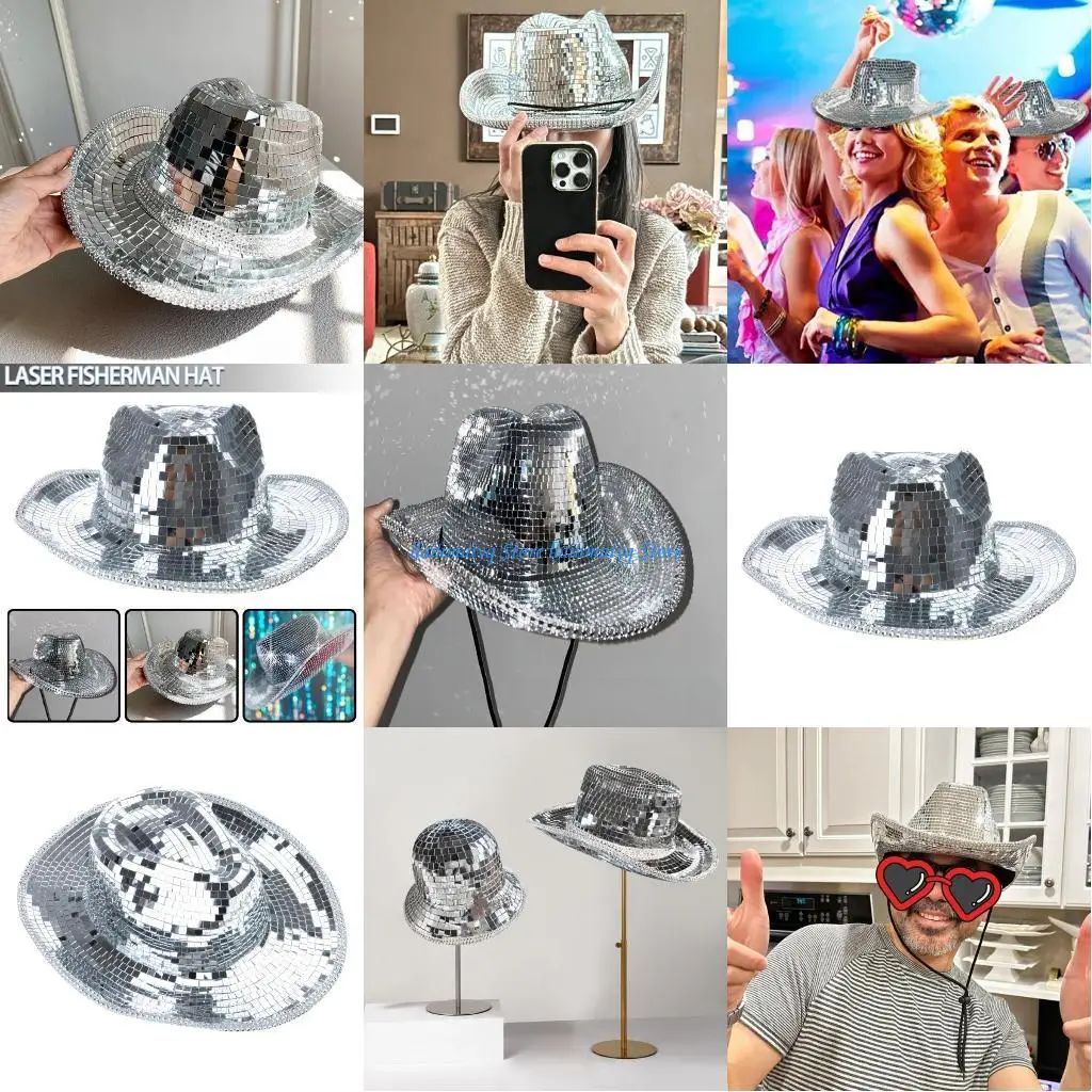 

573B зеркальная стеклянная ковбойская шляпа для взрослых, кепка для вечеринки, клуба, сценическая танцевальная шляпа, блестящий
