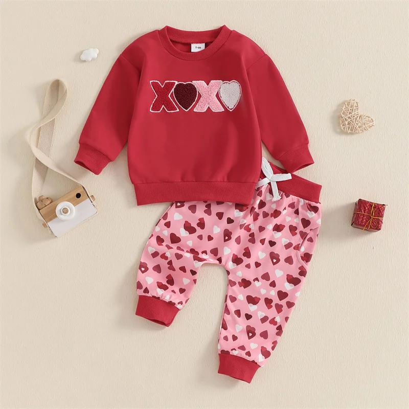 Cathery Toddler Baby Girls Valentine's Day Outfits Letter Long Sleeve Sweatshirts Tops Heart Print Long Pants 2 Pieces Set 6M-4T