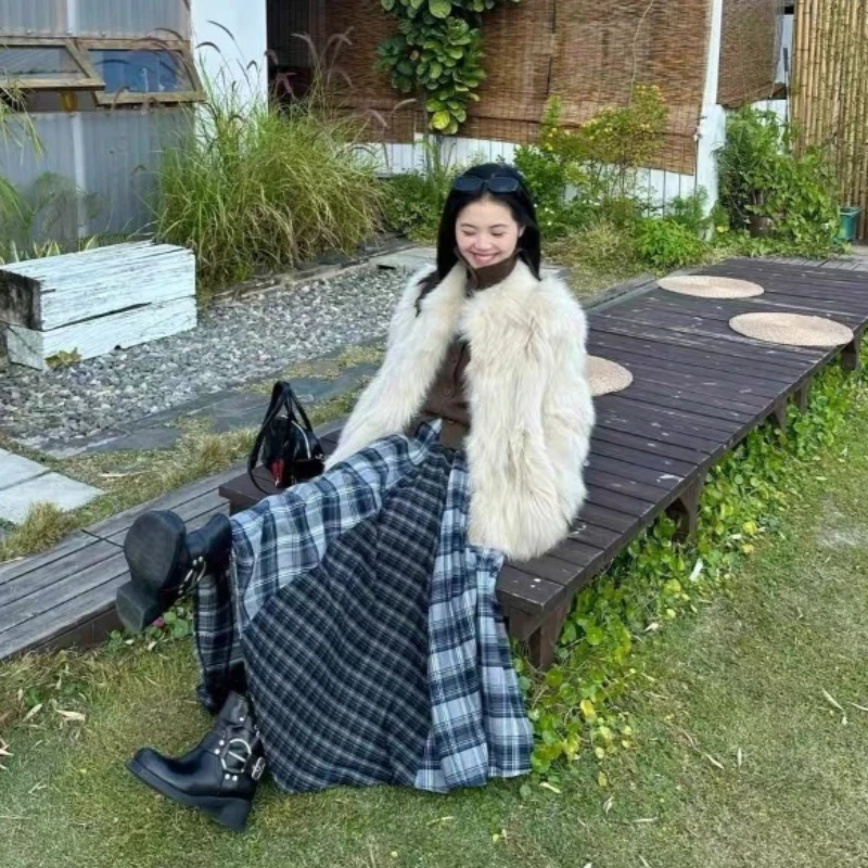 Women's 2026 Spring Korean Preppy Color Block Plaid A-Line Midi Skirt Elastic Waist Petite Loose Fit Casual Versatile Skirt