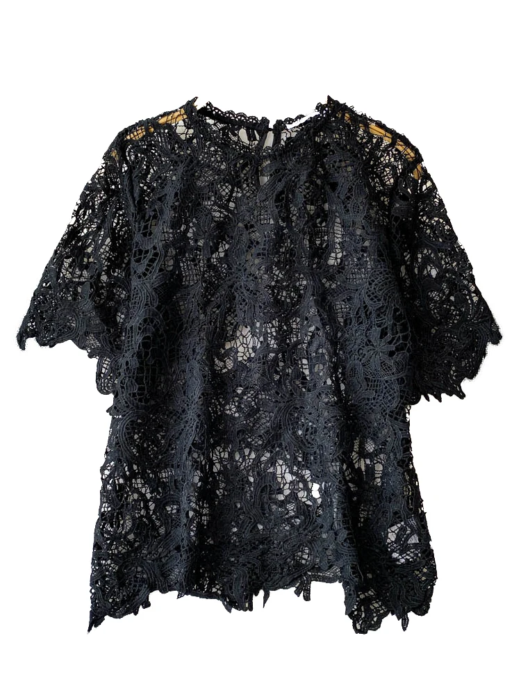 

Slimming Effect Hollow out Lace irt Women's Loose Fit ort Sve round Ne Top Korean Sle Commute Faion Summer Design