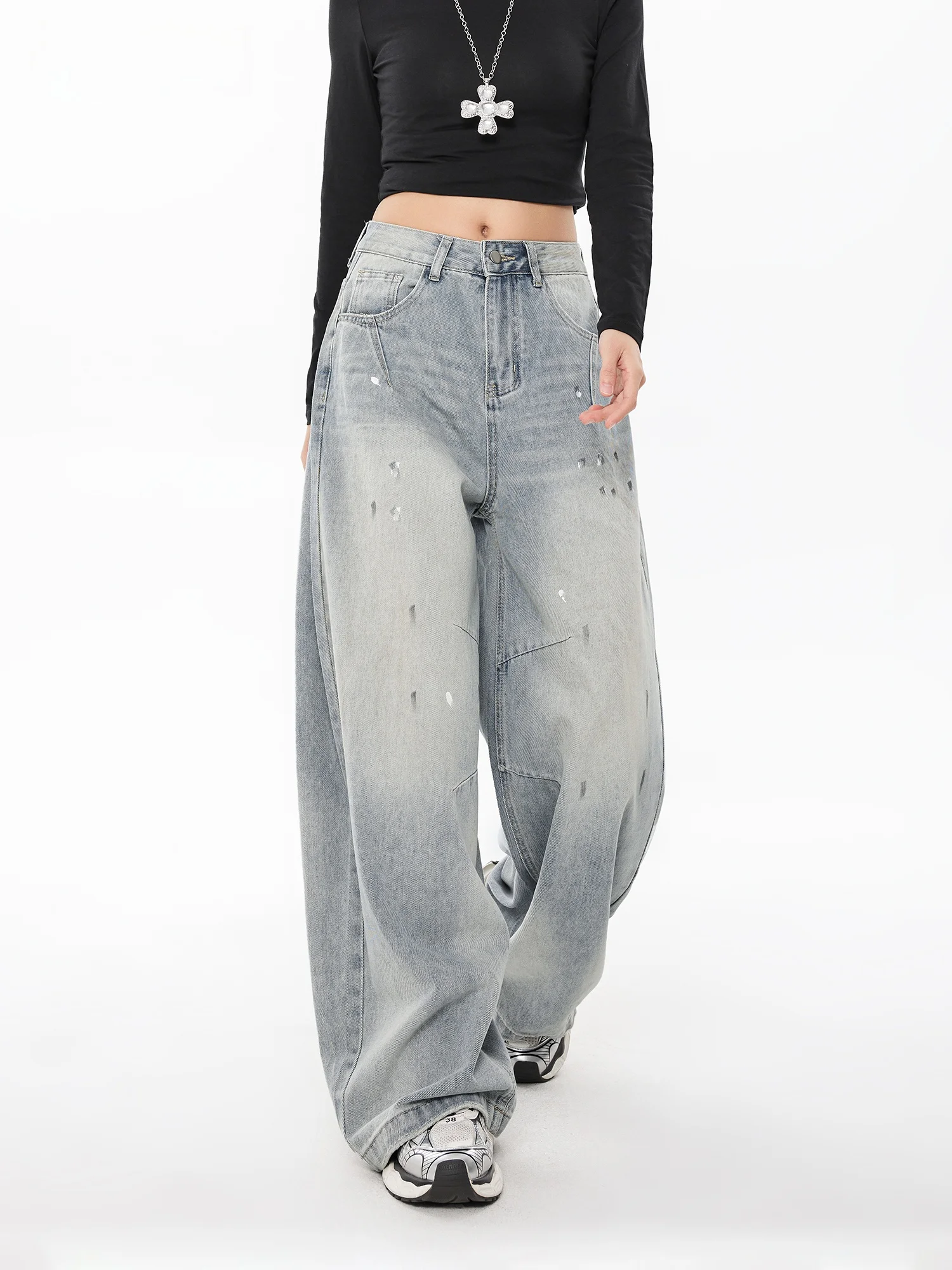 

Retro Heavy Du Women's Jeans Casual Loose Wide Leg Denim Pants fiti Print Casual Spring Faion Blue Cotton Blend