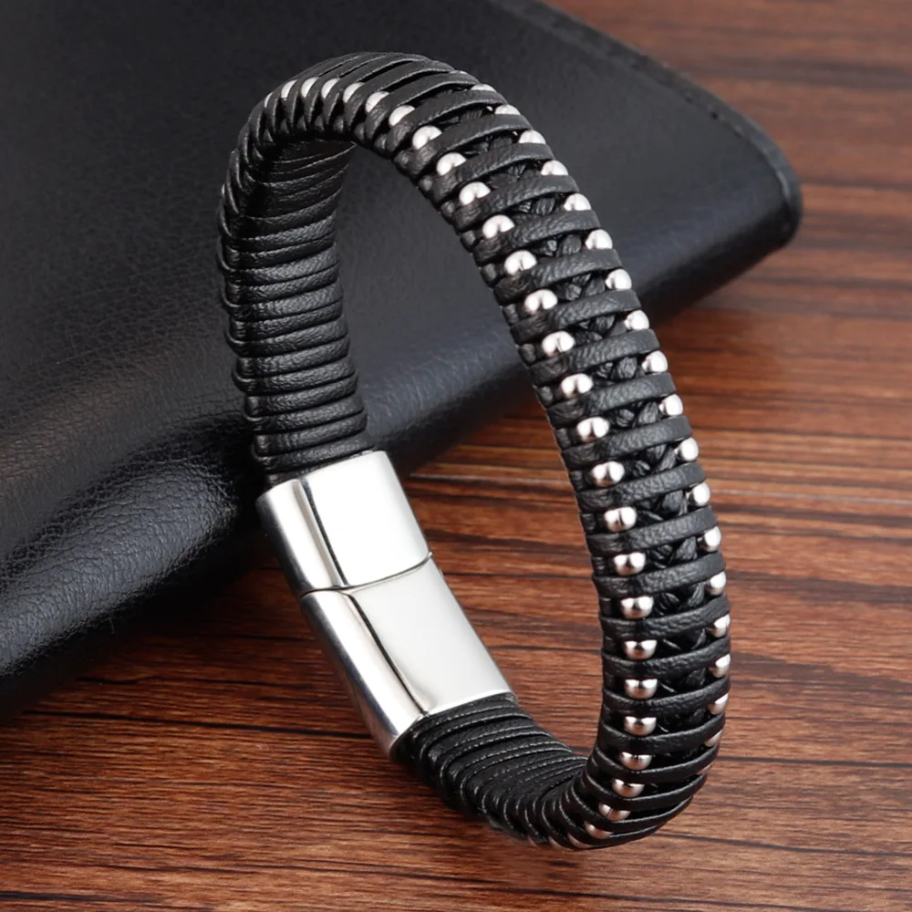 Braided Rope Woven Black Leather Men Bracelets Punk Style Stainless Steel Bangle for Friend Charm Fashion Jewelry Gifts