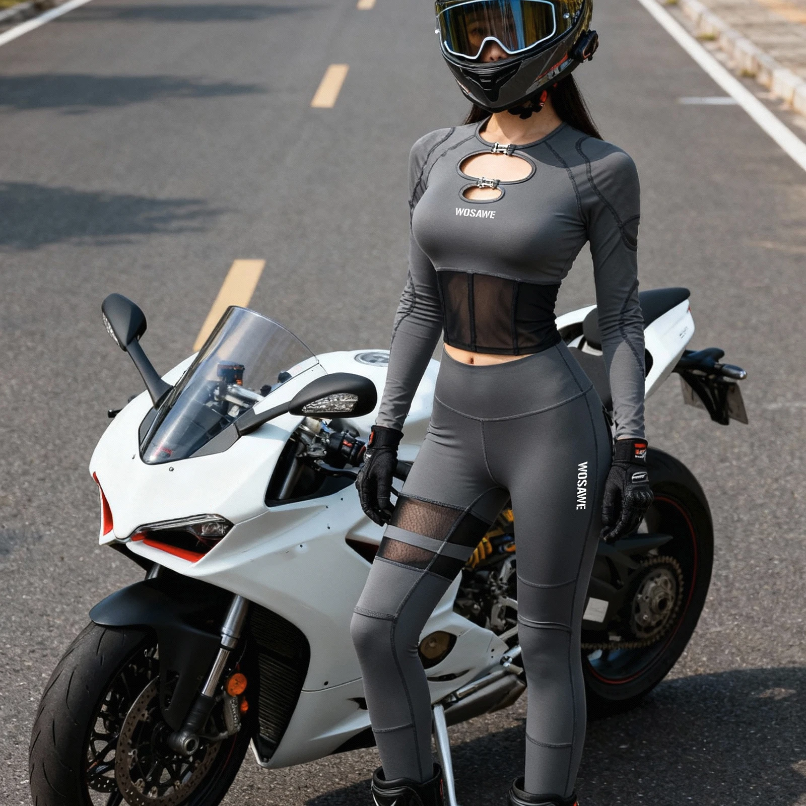 WOSAWE Women Motorcycle Shirts and Pants Set Breathable High Elastic Motorcycle Shirt High Waist Hip Lift Pants Mesh Leggings