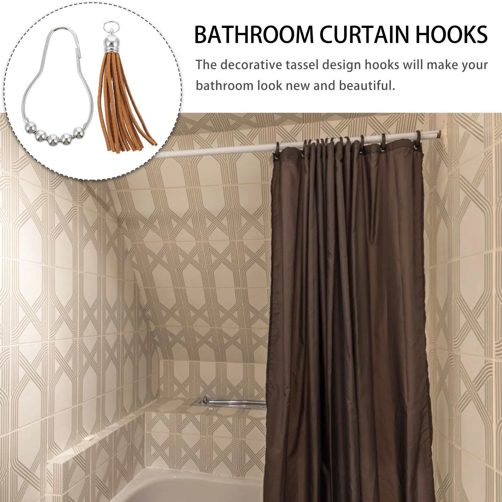 12Pcs Tassel Decor Curtain Hooks Shower Curtain Hanging Hooks Premium Bead Design for Bathroom Home Decor Easy Installation