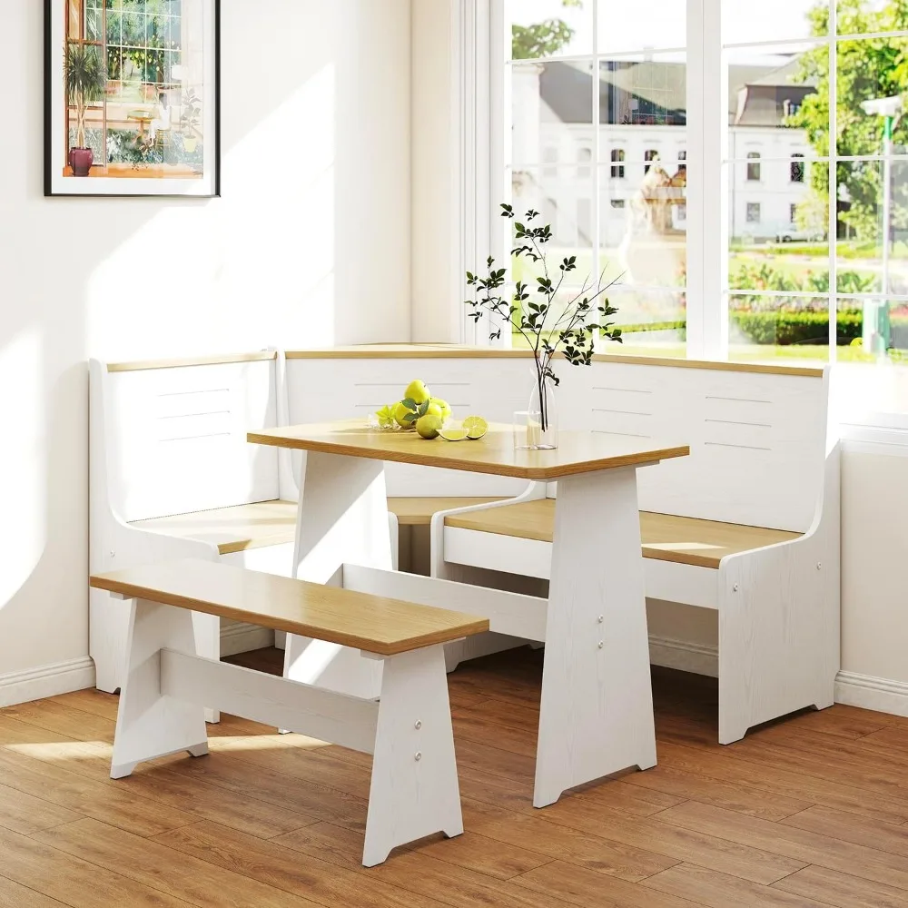 

Breakfast Nook Corner Dining Table Kitchen Bench Chair Set, Space-Saving 3-5 People Seat Reversible L-Shape for Family Home Whit