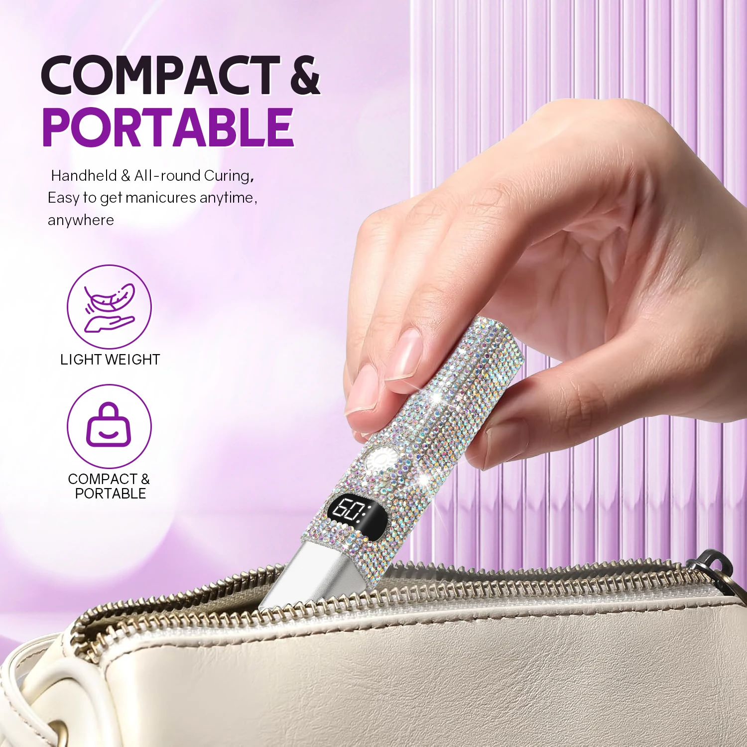 مصباح أظافر محمول بالأشعة فوق البنفسجية مع أحجار الراين اللامعة وشاشة عرض الوقت LCD وعدسات محدبة 5X للعلاج السريع