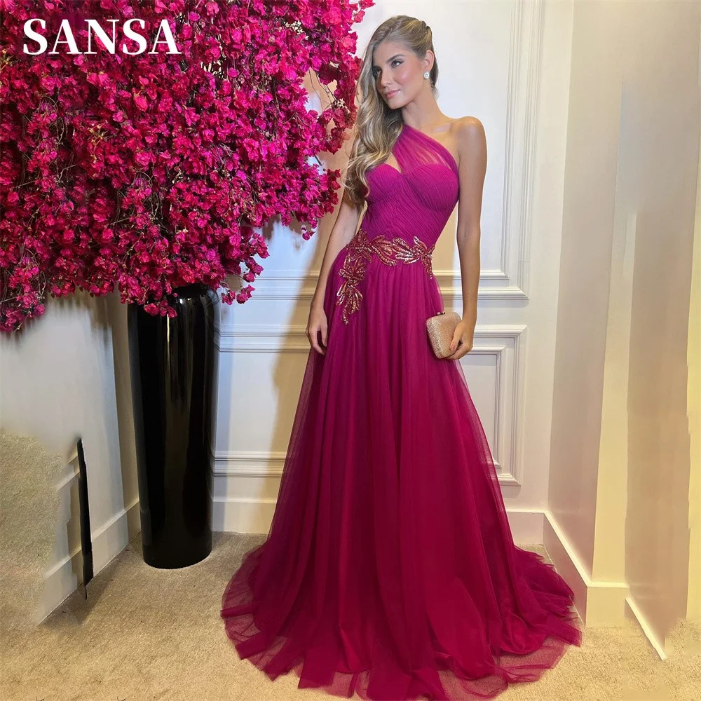 

Sansa Sequins Lace Embroid Prom Dress Sexy One Shoulder Vestidos De Noche Glamorous Fuchsia A-line فساتين سهره فاخره 2023