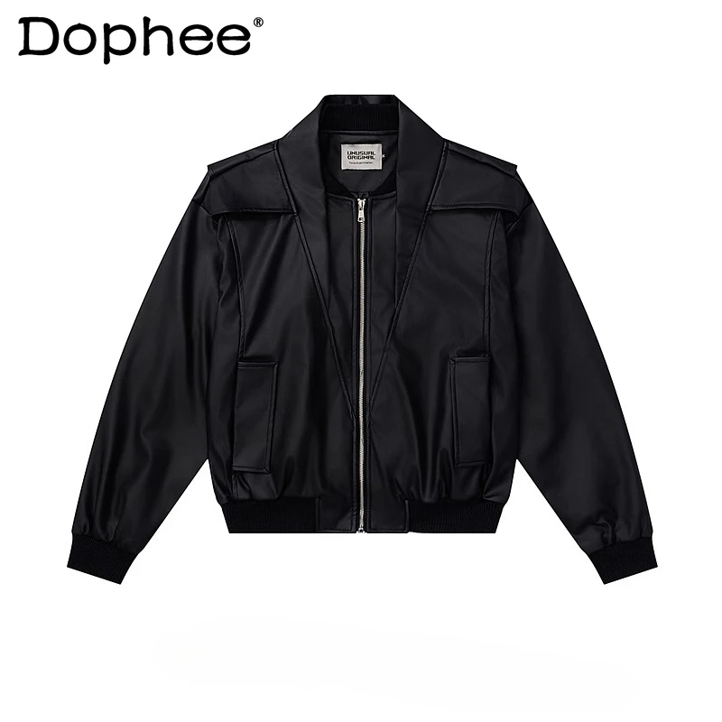 

2025 Men's Autumn New Loose Motorcycle Jackets Fashion American Style Retro Padded Shoulder Top Splicing PU Leather Jacket Coats