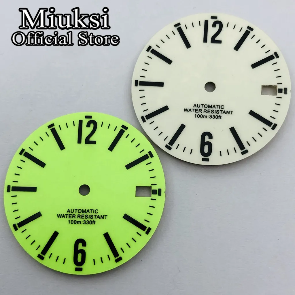 

Miuksi 29mm white green watch dial fit NH35 NH36 movement fit 3 o'clock crown 3.8 o'clock crown