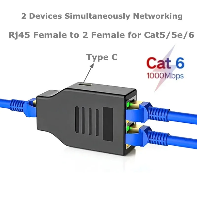 Cat 6 - RJ45 Female 1 to 2 Gigabit1000Mbps Network Splitter LAN Internet Splitter Supports Two Devices Working Simultaneously