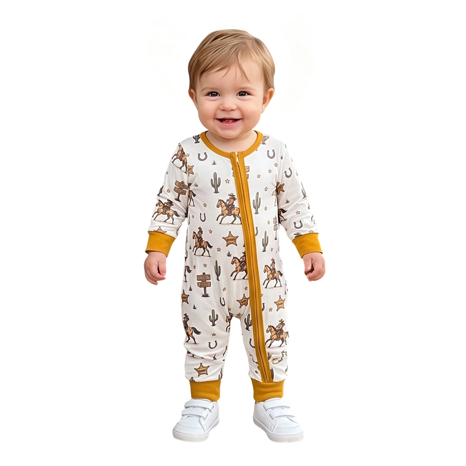 Baby Western Zipper Romper Cowgirl Cactus Horse Print Long Sleeve Jumpsuit