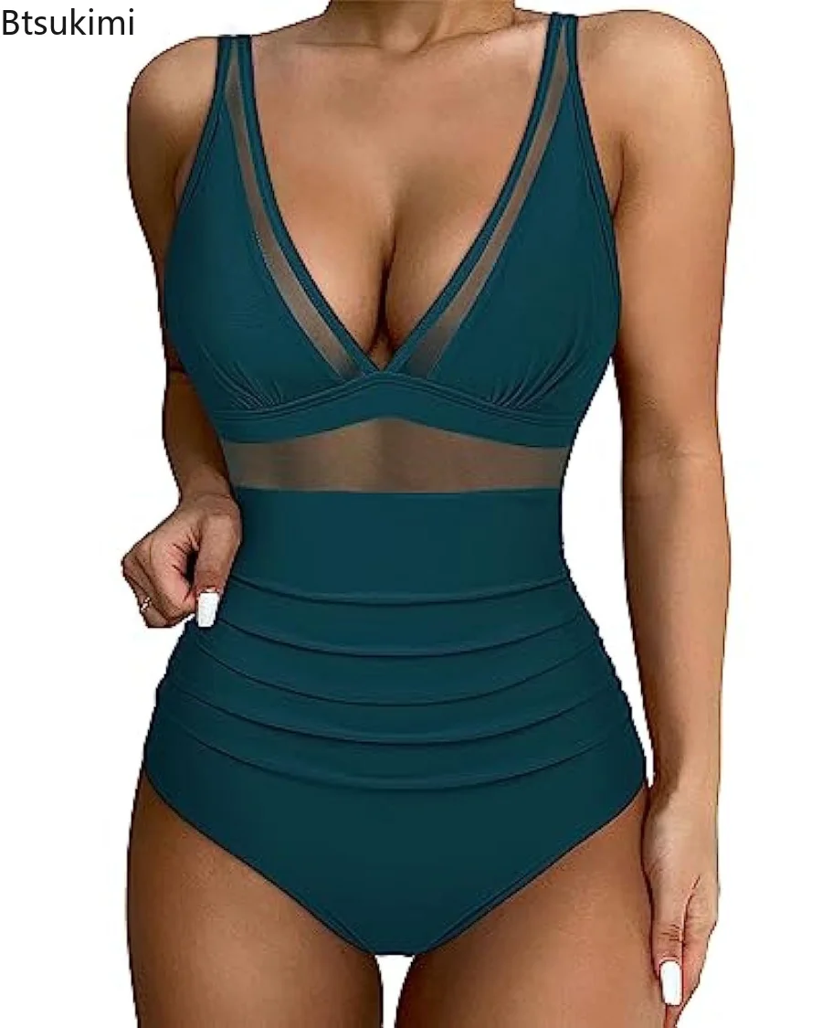 New Sexy Net One Piece Large Size Swimwear Push Up Women Plus Size Swimsuits Closed Bodysuit Female Bathing Suit Pool Beachwear