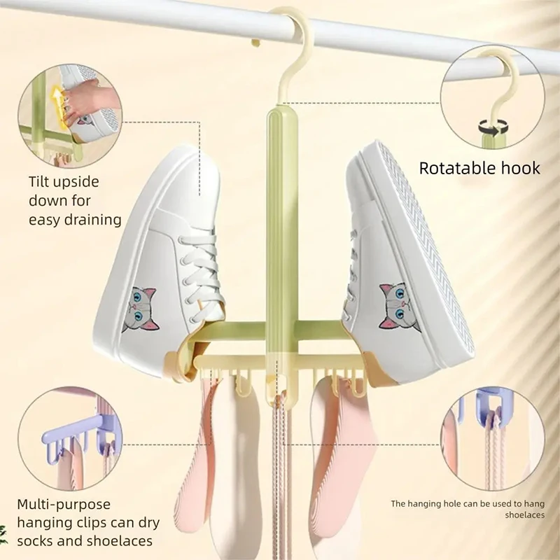 

360 ° Вращающаяся подставка для сушки обуви, вешалка для белья с несколькими зажимами, ветрозащитная полка для обуви, органайзер для сушки детских носков, компактный