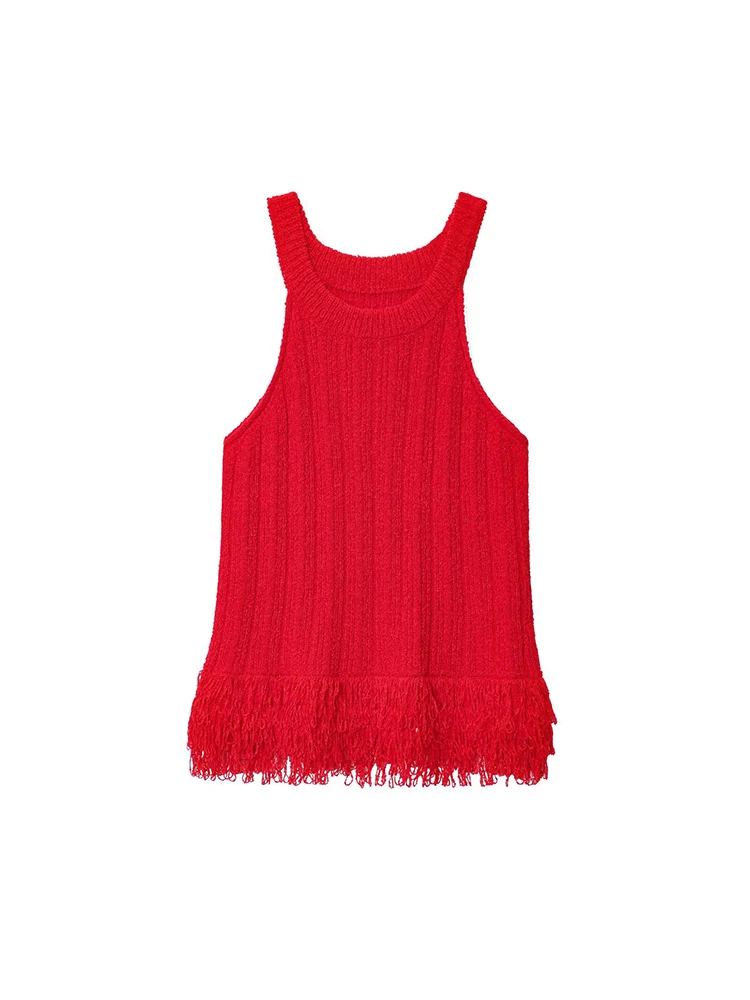 

European and American style autumn new fashion trend women's tassel edge decoration round neck sleeveless knitted vest top