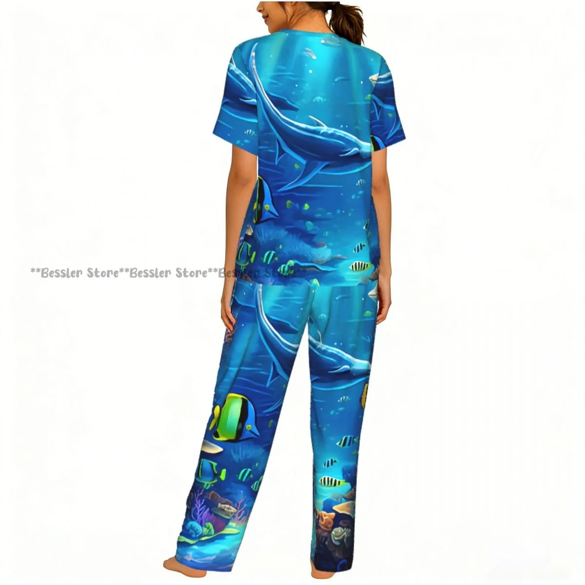 Women Pajama Sets Lounge Sleepwear Underwater World Ocean Animal Plant Fish Short Sleeve Nightwear view 4