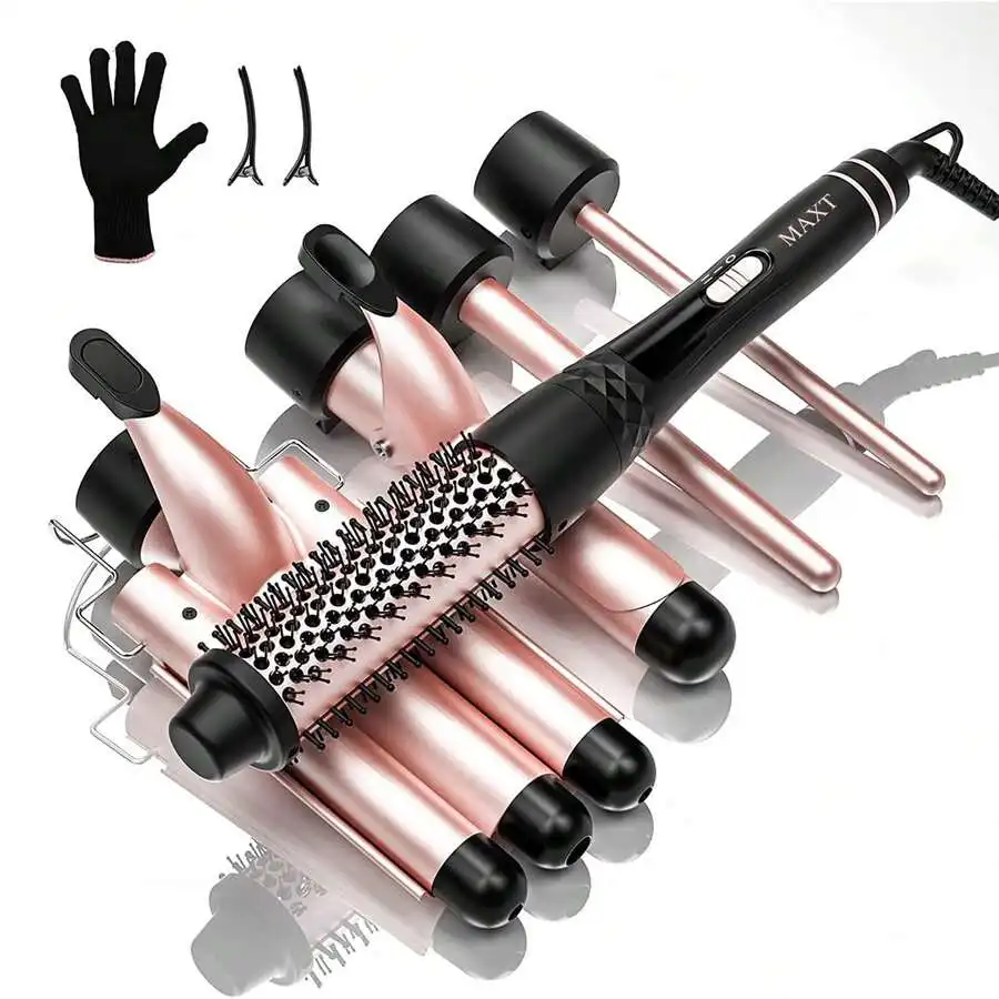 

MAX-T Curling Iron Set 5 In 1,Curling Iron Set With Thermal Brush&4 Interchangeable Ceramic (0.35"-1.25"), PTC Quick Heating Tem