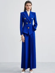 High Quality Blue Outfits Women 2024 New Designer Blazer Suit Women's Rose Buttons Asymmetrical Blazer Pants Set 2pcs Suits